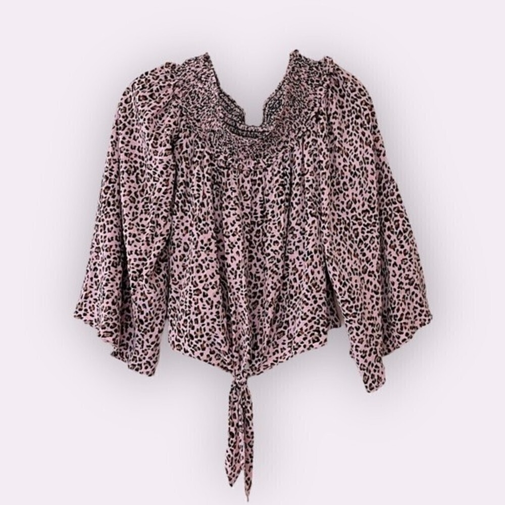 Free People Cheetah Print Blouse Pink Smocked Chiffon Tie NWT Womens Size Small